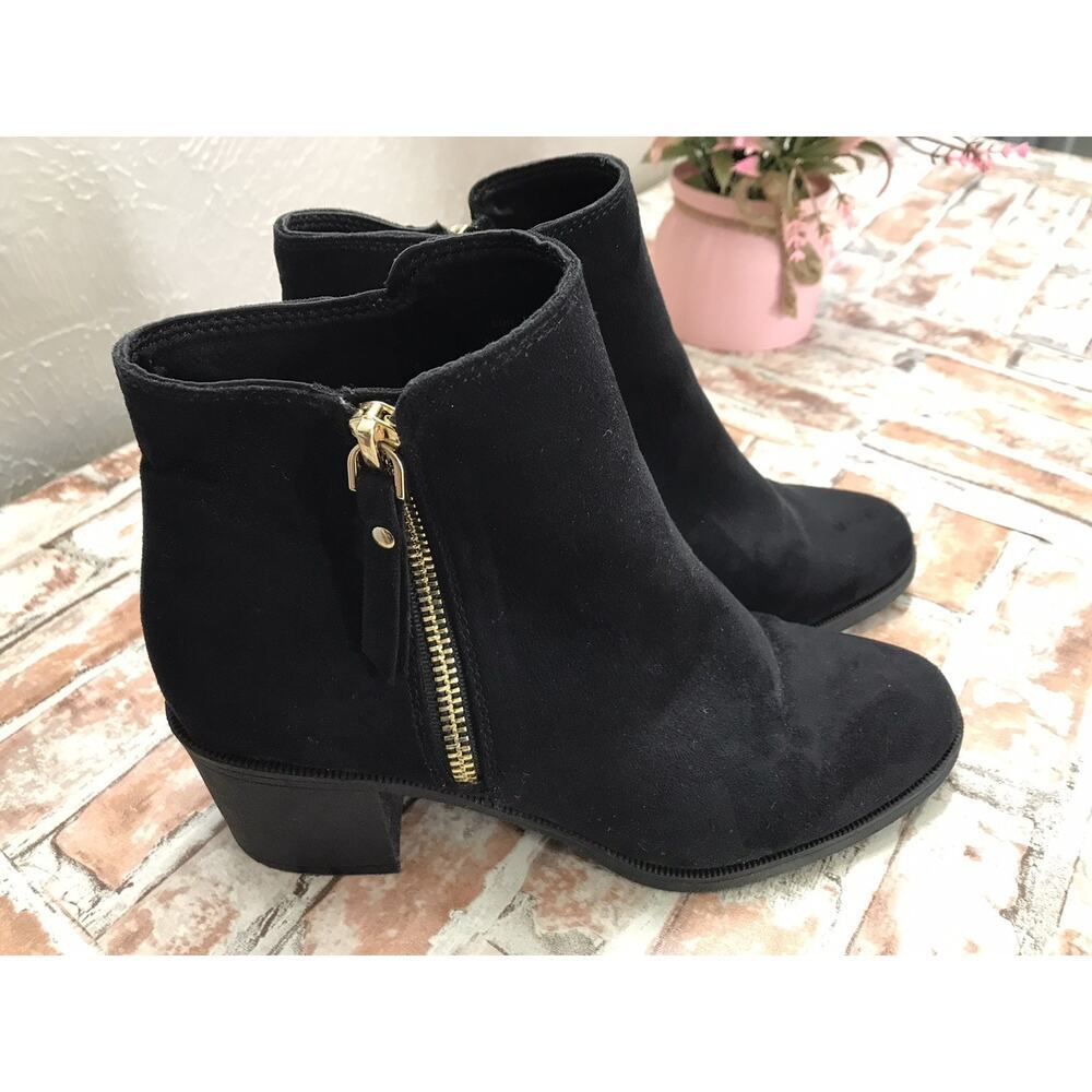 H&M WOMEN'S SUEDE BLACK SIDE ZIP BLOCK 2" LOW HEEL ANKLE BOOTIES SZ 6